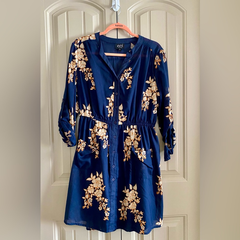 ECI New York Navy Blue Summer Dress with Floral Embroidery